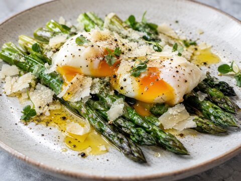 Pochierte Eier auf gr&uuml;nem Spargel mit Parmesan, Oliven&ouml;l und frischen Kr&auml;utern. Elegant angerichtete italienische Eierspeise mit mediterranen Zutaten und cremig flie&szlig;endem Eigelb.
