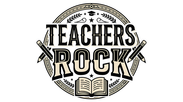 Teachers rock typography design with pencils and open book elements for school appreciation and educational classroom decor projects