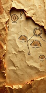 Torn edges of ancient parchment reveal a worn map, torn, ancient