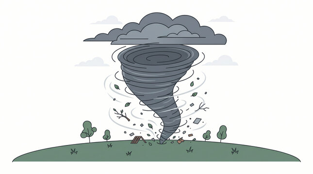 A flat vector illustration of a powerful tornado spinning over a grassy field with debris.