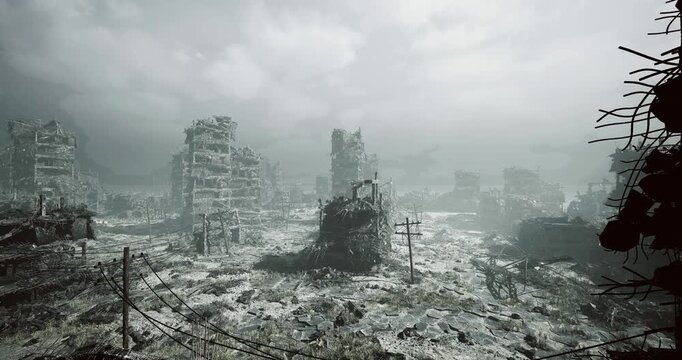 vast ruined plaza strewn with debris and collapsed storefronts, broken spire rises on horizon through mist, weathered pavement and scattered signage suggest