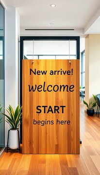 New arrivals! A wooden welcome sign with a modern office feel A fresh start begins here, minimalist decor, motivation