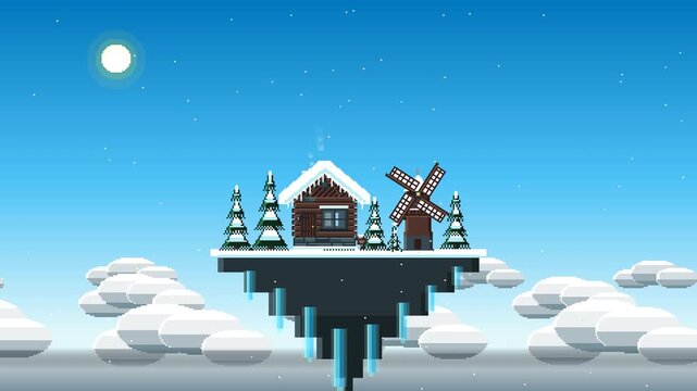Immerse yourself in a magical 16-bit pixel art winter wonderland. This stunning 30-second seamless loop features a frozen floating island above a sea of clouds, complete with a cozy snow-covered cotta