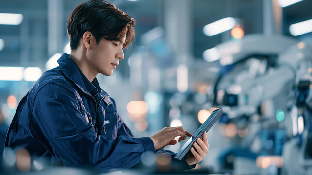 スマートファクトリーでタブレット端末を操作する男性技術者