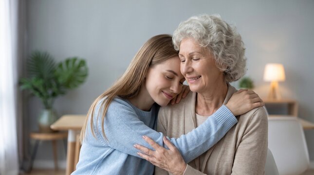 Young woman embracing her senior mother with love and care at home
