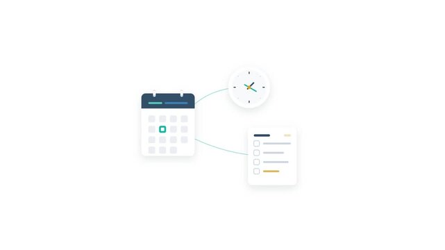 Appointment scheduling and time management motion graphic featuring calendar clock and digital checklist icons for professional organization