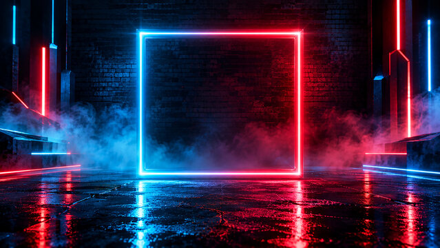 Empty glowing red neon rectangular frame mockup on dark brick wall with wet street reflections for Black Friday sale background