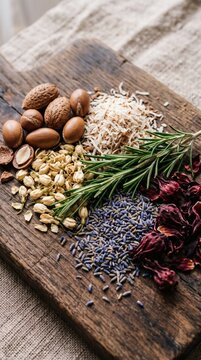 Natural organic ingredients for skincare and cosmetics on a wooden cutting board.