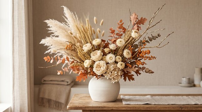 Beautiful floral arrangement with dried flowers, pampas grass, and autumn leaves in a white ceramic vase on a wooden table