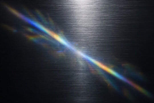 Dark brushed metal steel texture background with diagonal prismatic light flare and rainbow lens refraction