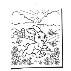 Fototapeta premium Playful Bunny and Butterflies in a Spring Meadow Printable Coloring Sheet