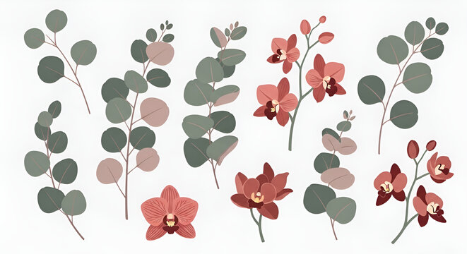Muted botanical vector set featuring eucalyptus branches and elegant orchid flowers isolated on white background