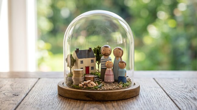 Family protection and life insurance concept with miniature home in glass dome