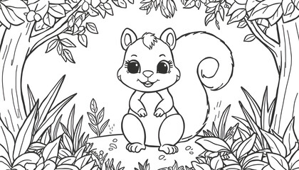 Fototapeta premium Happy cartoon squirrel standing in a sunny forest clearing line art