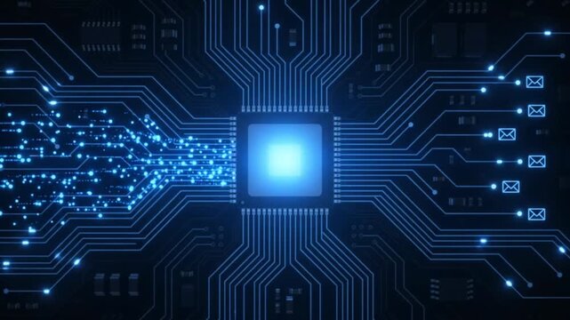 Advanced microchip CPU processor on glowing computer circuit board with email communication icons