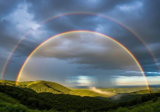 Spectacular double rainbow arches over rolling green hills under dramatic clouds