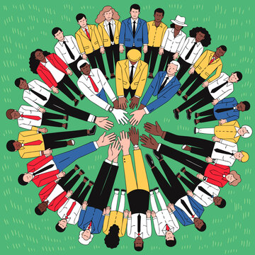 Colorful diverse group of business people hands together in a circle from above, unity and teamwork concept. Illustration of multiethnic team collaboration
