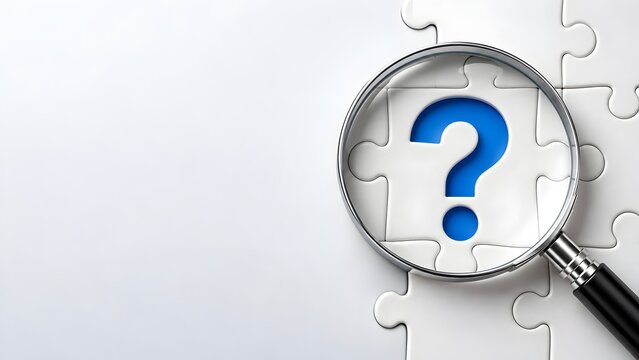 Magnifying glass highlighting blue question mark inside white jigsaw puzzle representing missing link