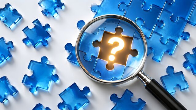 Magnifying glass focusing on glowing question mark among blue glass puzzle pieces