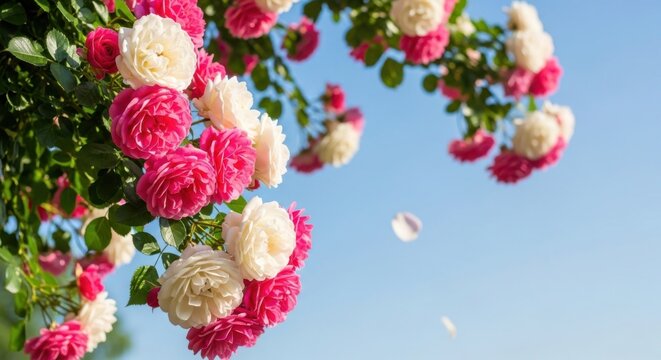 Vibrant pink and white roses bloom against a clear blue sky