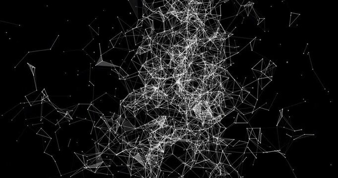 Detailed white plexus web turns and alters rotational speed in dark virtual space. Intricate polygonal lines create a complex expanding node framework.