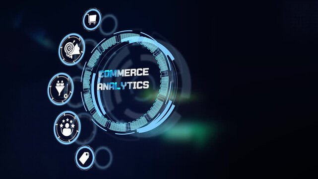 Evaluating digital commerce analytics performance parameters using modern technological display featuring dynamic cyber graphics