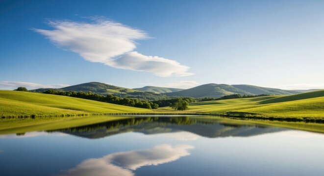 Serene rolling green hills reflected in a calm lake under a blue sky