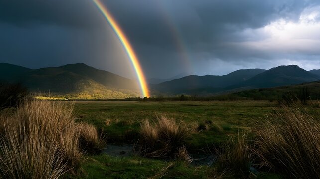 A vibrant rainbow arcs across a stormy sky above rolling hills and a grassy field after rainfall