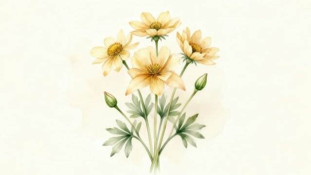 Fresh Watercolor Prairie Coneflower Illustration: Pale Golden Flowers and Lanceolate Leaves on Cream Paper, Minimal Healing Art