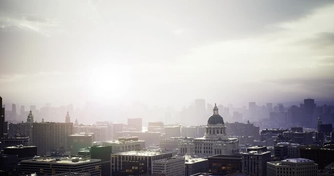 soft hazy skyline at sunrise featuring domed silhouette and layered highrises with muted tones, gentle light diffusion and calm metropolitan mood