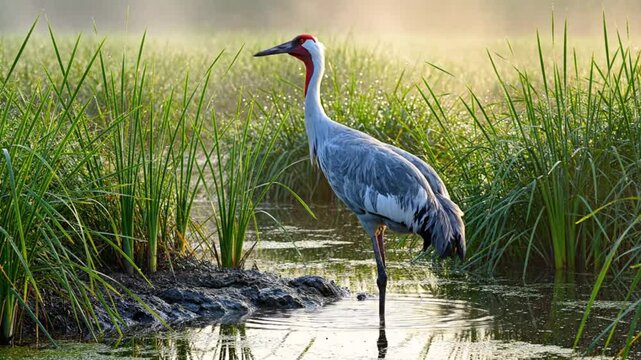 Graceful brolga bird wading in calm water with lush green reeds under soft morning sunlight, wildlife scene