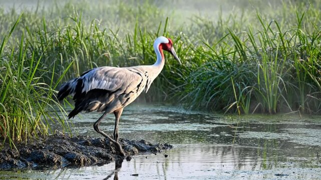 Graceful brolga crane foraging for food in a tranquil wetlands habitat with lush greenery and serene water reflection