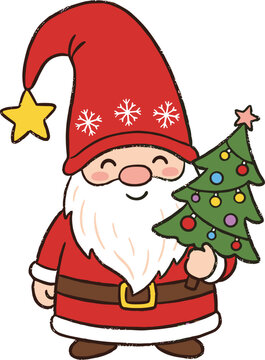 Cute Cartoon Christmas Gnome Character Vector Wearing Red Santa Hat and Holding Small Decorated Pine Tree Clipart for Holiday Card Designs