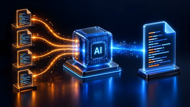 Futuristic 3D rendering of an artificial intelligence processor analyzing multiple data documents, transforming big data into organized digital information, machine learning concept.