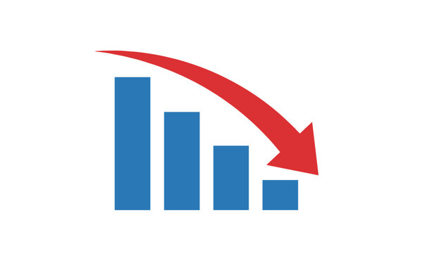 Financial bar chart showing decrease in performance with a large red arrow curving downwards over blue columns.