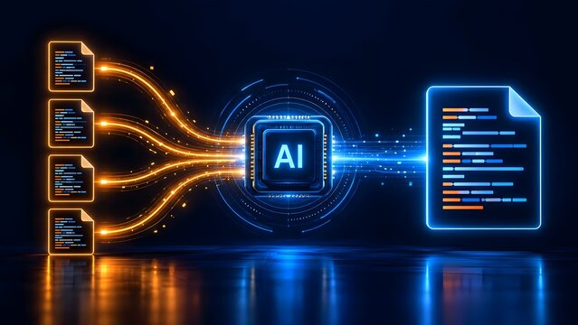 AI Processor Summarizing Multiple Documents into Single File, Futuristic Neon Digital Technology Concept for Machine Learning and Big Data Analysis