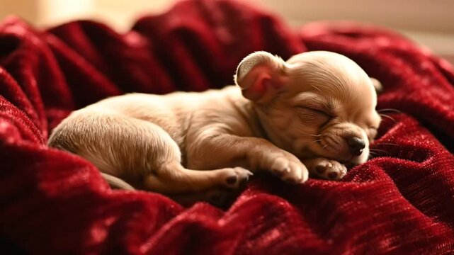 A serene and peaceful close-up of a tiny Chihuahua puppy peacefully sleeping nestled in a plush red blanket