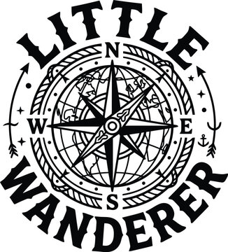 Compass Rose for Little Wanderer: A stylized compass rose graphic design with LITTLE WANDERER text, symbolizing exploration and travel adventures.