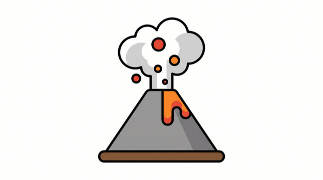 Minimalist vector illustration of an erupting volcano with smoke and flowing lava.