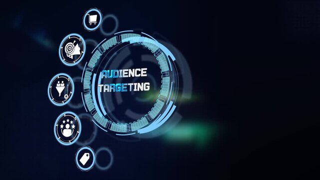 Visualizing audience targeting segmentation analytics on dark cyan glowing futuristic technological hud display screen with icons