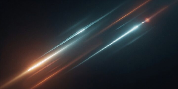 Abstract background with glowing diagonal light streaks and lens flare effects in deep space, cinematic motion blur