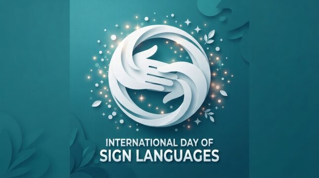A vibrant graphic design celebrating the International Day of Sign Languages, featuring intertwined hands forming a circular symbol against a teal background with sparkling accents.