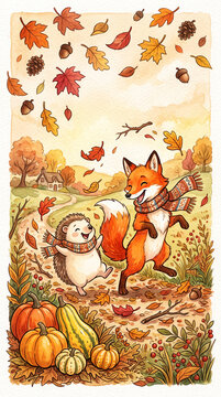 Whimsical watercolor of a fox and hedgehog dancing amidst falling autumn leaves and pumpkins, symbolizing joy and the harvest season.