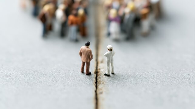 Internal vs external recruitment concept with two separate groups of miniature figures