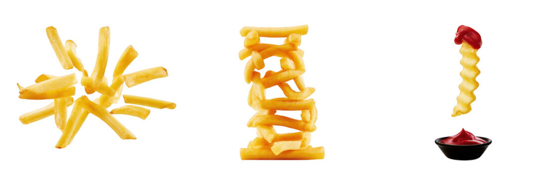 Three distinct french fry styles displayed in minimalist white background for food branding and packaging design
