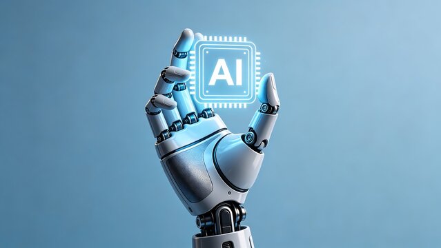 Futuristic Robotic Hand Holding AI Chip on Blue Background