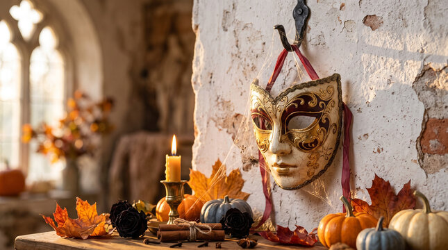 Venetian mask with cobwebs, candles, pumpkins, and autumn decor. Halloween masquerade concept for costume parties, gothic celebrations, and October events