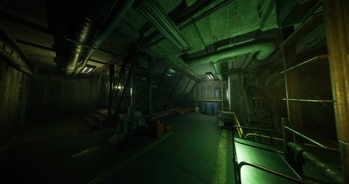 high service platform above machinery with glowing control boxes and wet catwalk, tense cinematic feel, imagined technician route for emergency repair, overhead