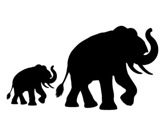 Adult elephant walking with a baby elephant in a simple black silhouette. © Jivikasourceoflife