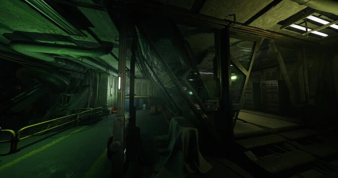 dim factory catwalk over conveyor belts, massive beams and rotating machinery, sootstreaked metal, yellow hazard markings, industrial noise implied, harsh